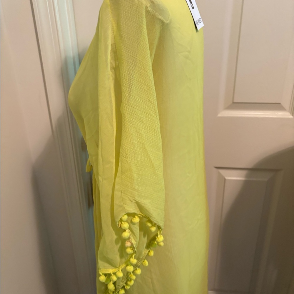 Nine West one size NWT $36 lime Sheer Kimono with Pom Pom Trim fun beach cover - Picture 6 of 11